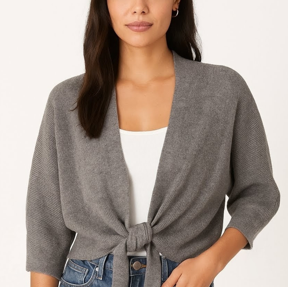SEEK THE LABEL Sz XS Gray Ribbed Tie Front Half Sleeve Cardigan Fall Cozy Modern